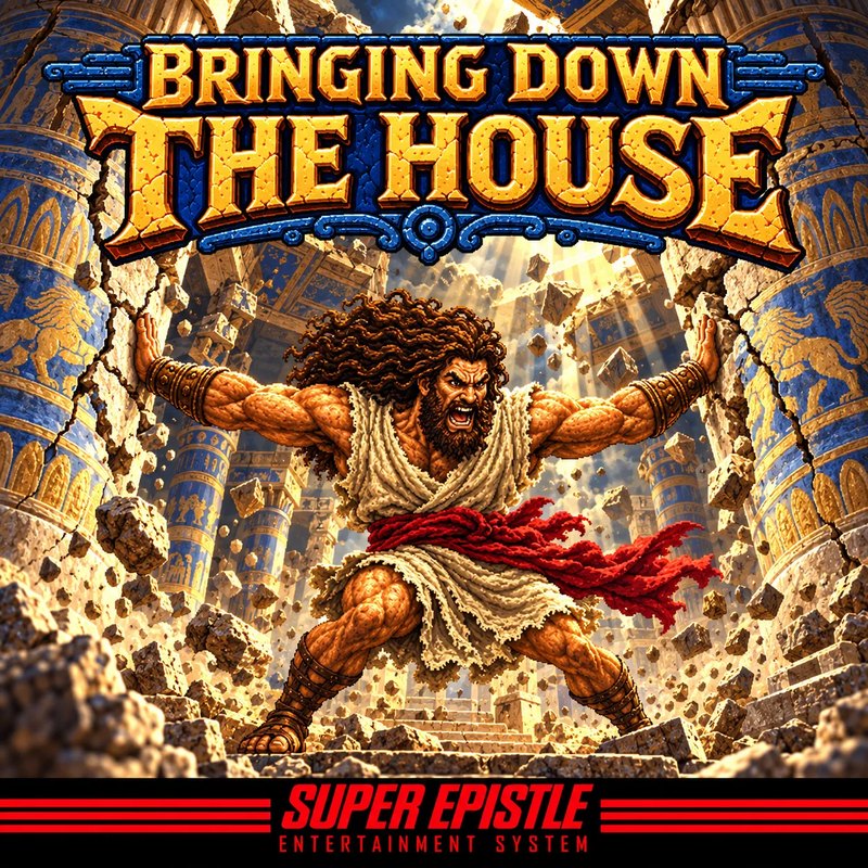 Bringing Down the House: Samson braced between two cracking temple pillars as the Temple of Dagon collapses around him