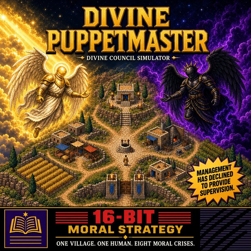 Divine Puppetmaster, a divine council simulator: a golden angel and a dark winged figure reach toward a pixel-art village from opposite skies