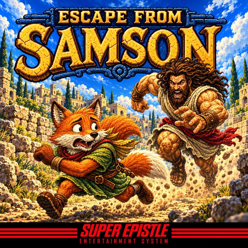 Escape from Samson: a frightened fox in a green tunic sprints through a rocky valley as a furious Samson charges after it