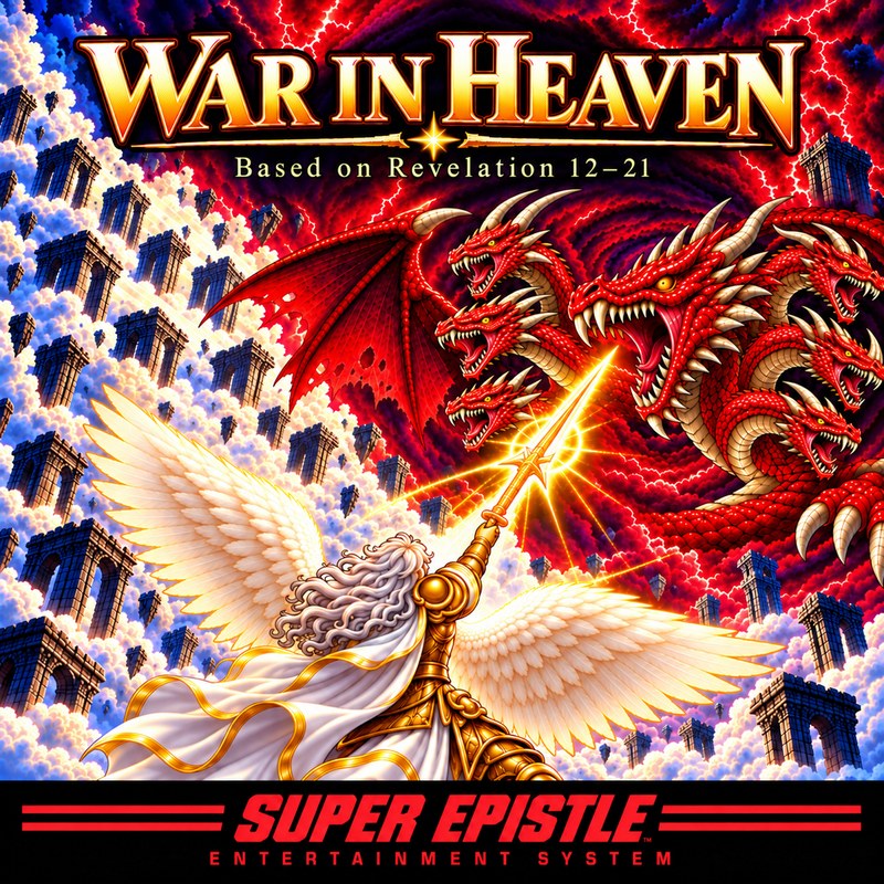 War in Heaven: an archangel raises a spear of light against a great seven-headed red dragon